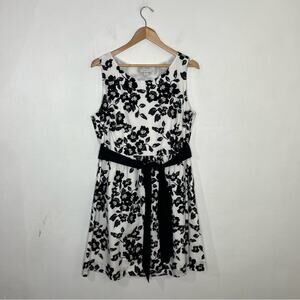 Garnet Hill White Black Floral A-Line Knee Length Sleeveless Belted Dress SZ 14